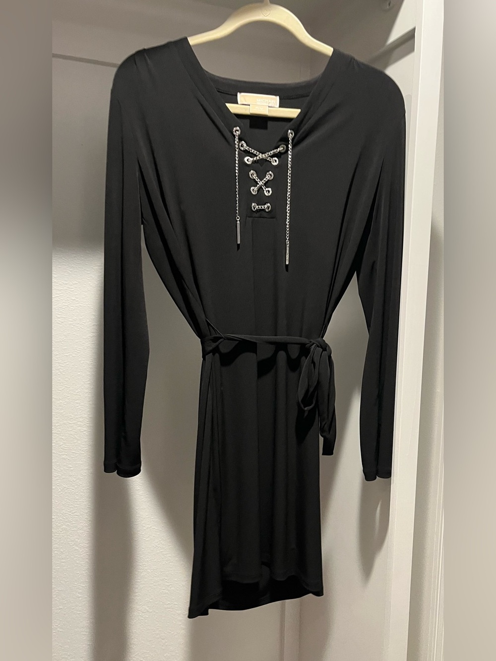 Michael Kors Black Lace-Up Chain, Belted Long Sleeve Dress Petite Medium